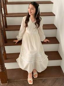 DAZY Tween Girls V-Neck Puff Sleeve Dress, Fall - Beige - View 5