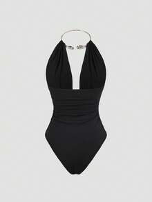 Sweetra Women's Metal Lock Necklace Choker, Suitable For Casual Vacation, Backless Bodysuit, Spring/Summer - Black - View 2