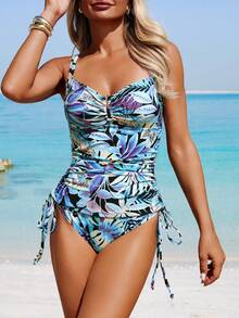 Swim Lushoire 女士树叶印花褶皱吊带背心式泳衣套装，包括上衣和三角泳裤，适合度假海滩穿着 - 彩色 - 查看 4