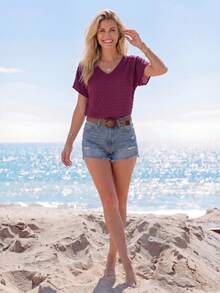 Sylviya Swiss Polka Dot V-Neck Batwing Sleeve Shirt,Short Sleeve Tops - Purple - View 4