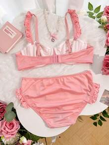 PetitDoll 2pcs/Set Women's Lingerie Set, Sweet Lace Patchwork Bra And Panty, Valentine's Day - Pink - View 9