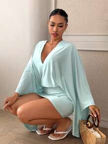 Slaydiva Elegant Mint Blue Deep V Batwing Sleeve Loose Bodycon Mini Dress - Suitable For Valentine's Day Date, Vacation - Mint Blue - View 3