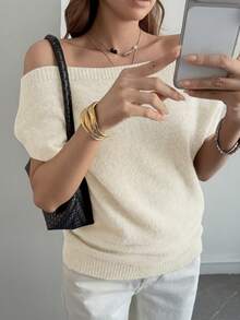 DAZY Suéter elegante de mujer con hombros asimétricos y manga corta descubierta - Blanco - Ver 5