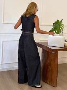 DAZY 女士圆领无袖短款背心和七分牛仔裤休闲街头风都市休闲牛仔套装 - 深色水洗藍 - 查看 5