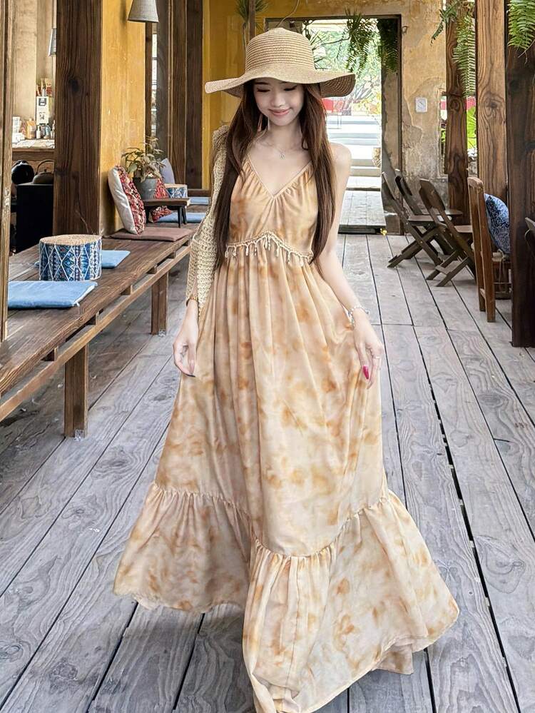 Women's V-Neck Long Sleeve Printed Beaded Splice Vacation Style Maxi Slip Dress Sundress Summer Boho