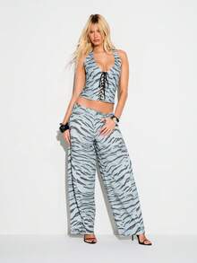 KIZN 女士蓝色斑马纹系带露背吊带深V领露脐上衣夏季系带细节无袖衬衫度假风 - 淺藍色 - 查看 3