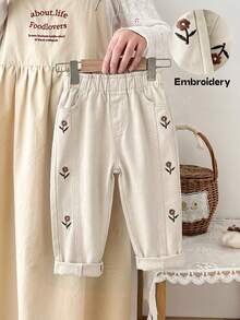 LMoss Kids 女婴花卉刺绣宽松锥形卡其色牛仔裤 - 杏色 - 查看 2