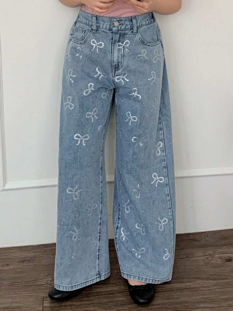 Tween Girls Bow Rhinestone Embellished Denim Jeans