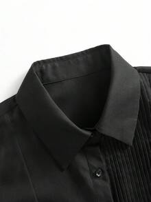 MOTF PREMIUM WOMEN'S SOLID COLOR FOLD PLEATED REGULAR ELEGANT COMMUTER VERSATILE SHIRT, SUITABLE FOR SPRING AND AUTUMN - Black - View 3