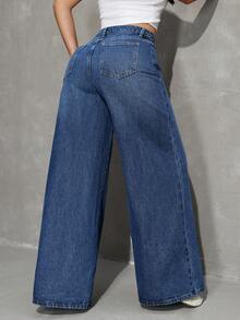 SHEIN Tall Summer Women's TallCasual Daily Commuting Going Out Outfit Pocket Button Casual Versatile Daily Wear Wide Leg Blue Jeans - Dark Wash - View 3