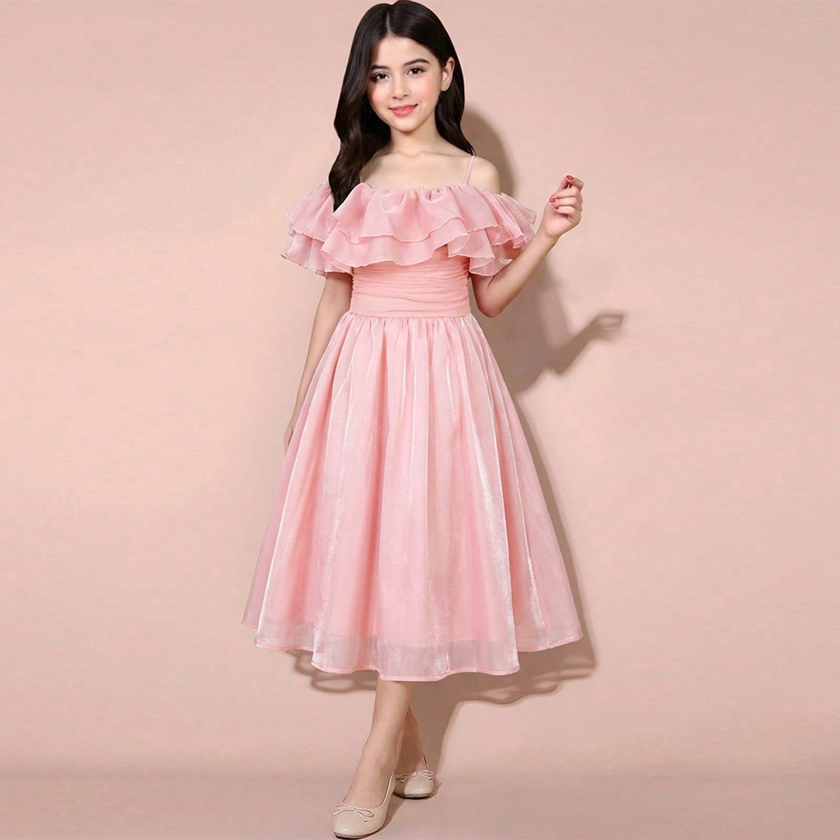 Vestido de verano elegante con volantes y tirantes rosados para niñas preadolescentes