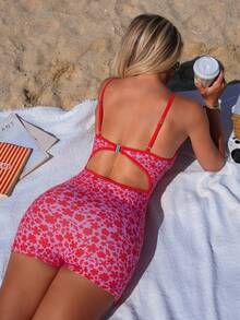 Swim SPRTY 女士夏季沙滩度假随机印花吊带露背短裤连体泳衣，后背搭扣设计，显瘦效果 - 彩色 - 查看 1