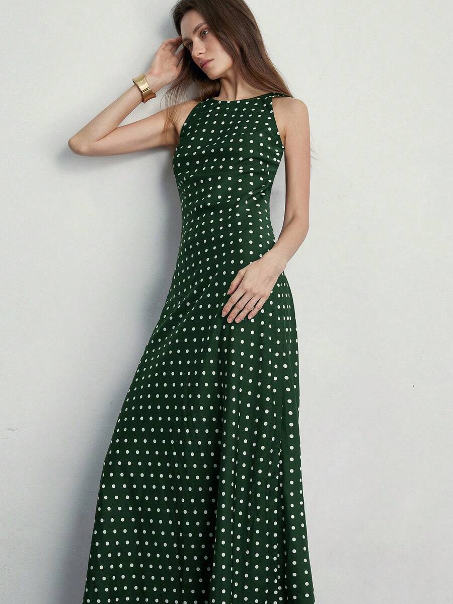 Aveloria Modichic Minimalist Elegant Polka Dot Satin Round Neck Sleeveless Dress, Versatile For Work And Everyday Wear - Dark Green - View 1