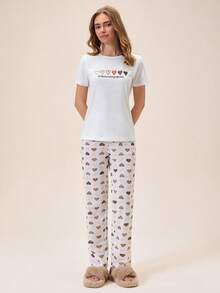 Bộ đồ nữ Cotton Line gồm áo tay ngắn cổ tròn màu trơn họa tiết trái tim và quần dài. - Màu be - Xem 7