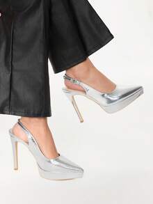 Glitzique 女士时尚优雅性感高跟厚底尖头鞋 - 銀色 - 查看 9