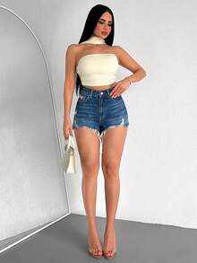 EURMUSE High Rise Washed Blue Denim Mini Women Short - Medium Wash - View 5