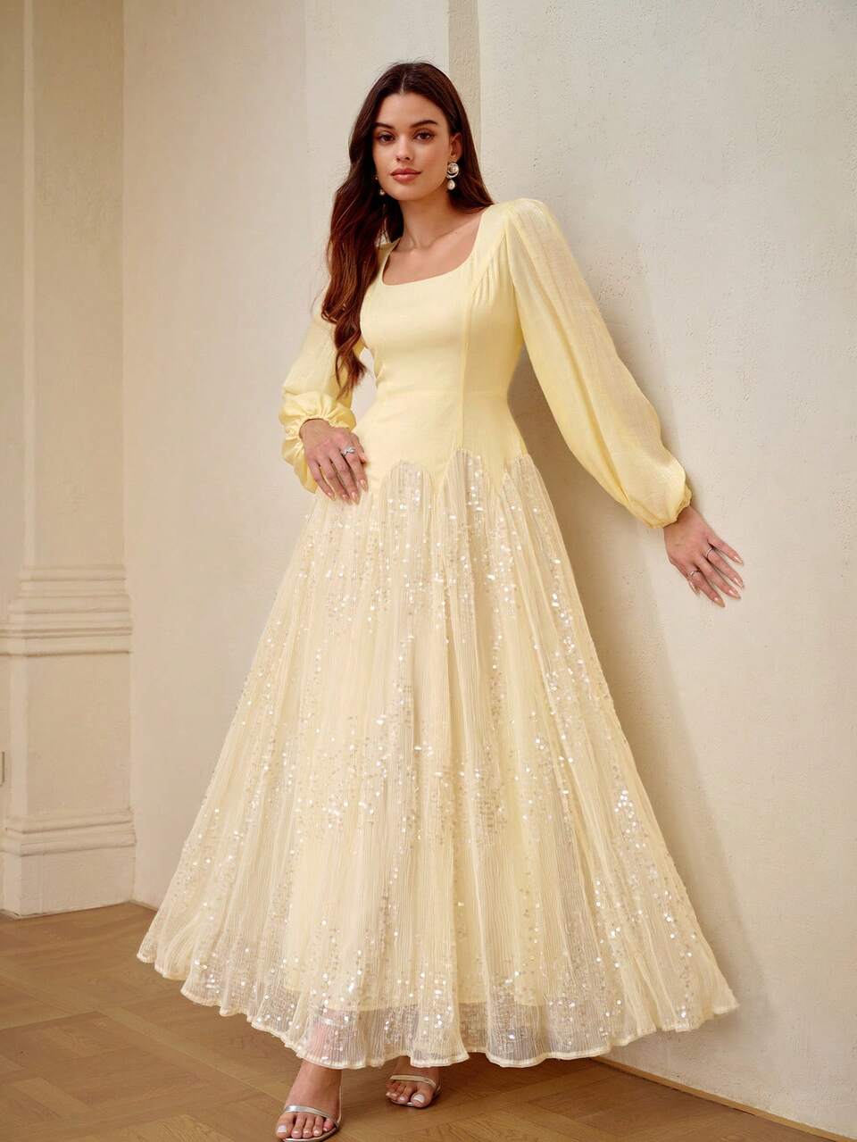 ZEYLAH Women's Sequin Patchwork Elegant Waist Cinched Long Party Dress