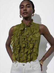 Aveloria Modichic Olive Green Sleeveless Layered Ruffle Collar Blouse, Metallic Striped Chiffon Elegant Casual Versatile Top, Vintage French Romantic Style - Green - View 4