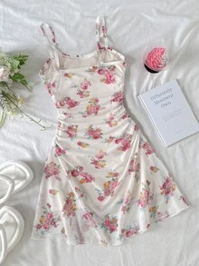 SHEIN 少女休闲收腰印花吊带裙 - 粉色 - 查看 2