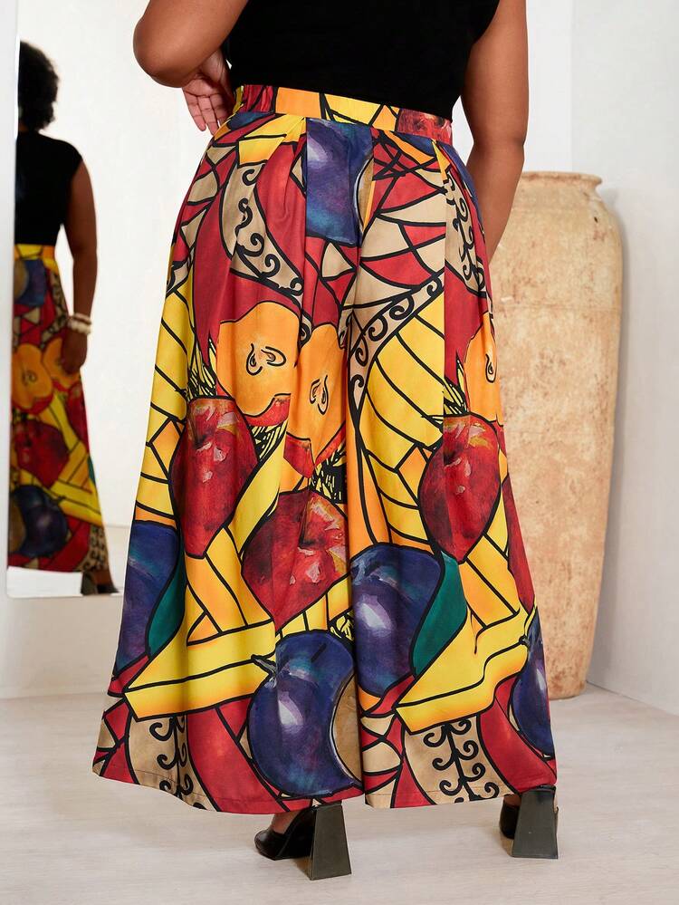 Plus Size Women Apple Print Pleated Wide Leg Loose Pants, Vacation African Clothes For Women Boho Skirts For Women Women's Skirts Summer Outfits For Women Beach Outfit For Women Casual Vacation Outfits Women Country Concert Outfit Peplum