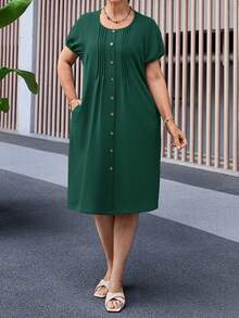 EMERY ROSE Plus Size Women's Solid Color Round Neck Short Sleeve Single-Breasted Pocket Casual Dress - Dark Green - View 5