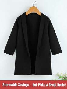 SHEIN 小男孩口袋貼片前開襟大衣 - 黑色 - 查看 1