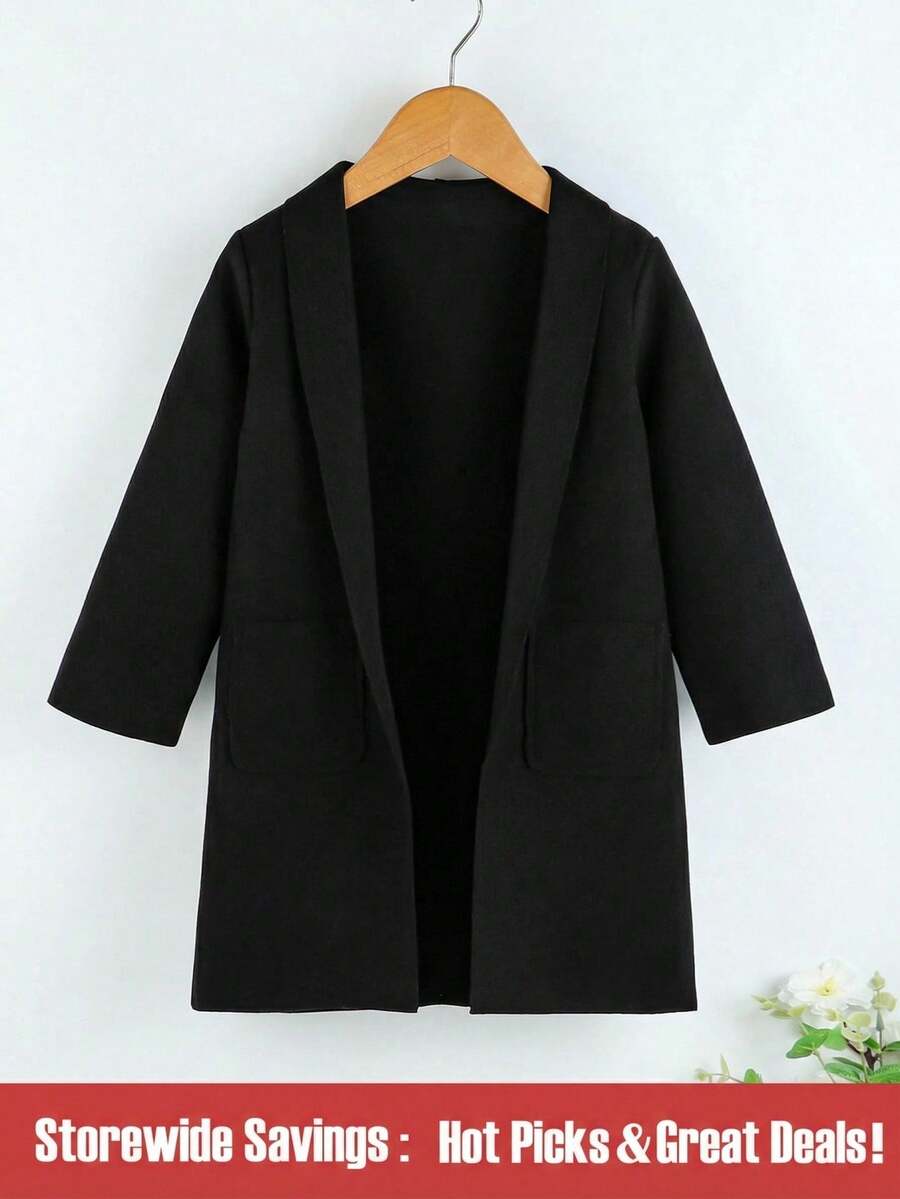 SHEIN 小男孩口袋貼片前開襟大衣 - 黑色 - 查看 1