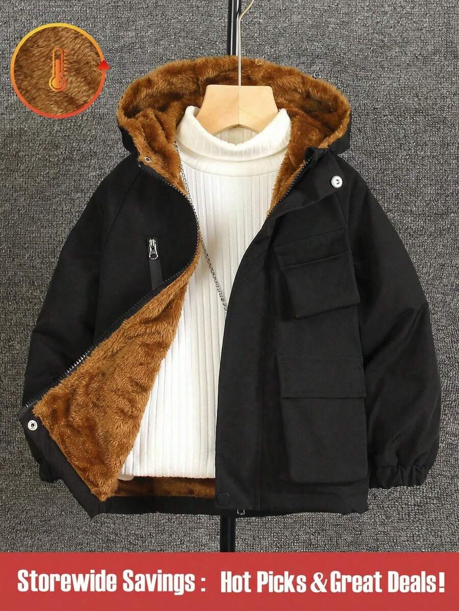 SHEIN 4-7 Years Old Boys Black Hooded Fleece Jacket, Suitable For Autumn, Spring And Winter - Black - View 1