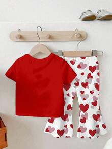 2 peças/Conjunto Camiseta de Manga Curta com Estampa de Coração Fofa para Meninas Pequenas + Calça Flare Branca com Coração, Elementos do Dia dos Namorados, Confortável e Versátil para Uso Diário, Todas as Estações - Multicolorido - Visão 2