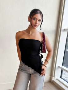 leahseptember Áo corset xếp ly bất đối xứng dành cho nữ, kiểu dáng thường ngày, thích hợp mặc đi nghỉ mát mùa hè, áo ống. - màu đen - Xem 4