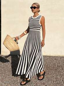 DAZY 女士休闲撞色条纹无袖针织连衣裙，夏季，婚礼宾客礼服，女士长款连衣裙 - 黑色 - 查看 3