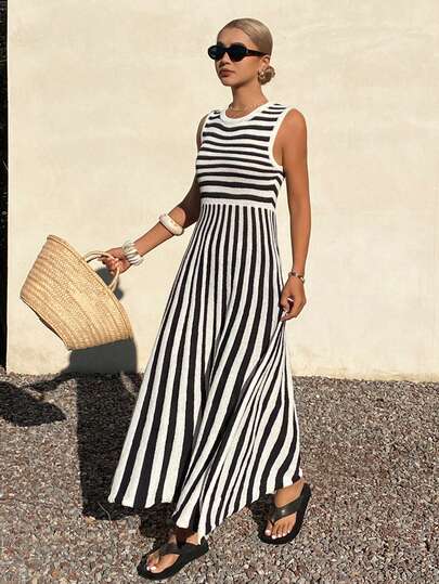 DAZY Women's Casual Colorblock Striped Sleeveless Knit Dress, Summer