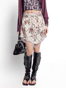 Bloopia Women's Woven Vintage Punk Palace Retro College Style Asymmetrical Plaid Contrast Mesh Skirt - Multicolor - View 5