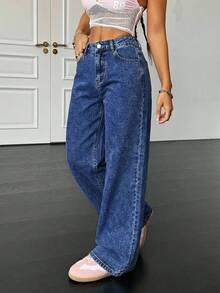 SHEIN PETITE 90年代小码穿搭，女士基础休闲宽松蓝色牛仔裤，蝴蝶结牛仔裤，返校季牛仔裤，韩版时尚，宽松女式牛仔裤，带蝴蝶结牛仔裤，高个女式牛仔裤 - 深色水洗藍 - 查看 3