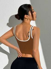 Slayform Áo tank top thể thao dáng ngắn ôm sát với viền tương phản - Màu nâu Sô-cô-la - Xem 6