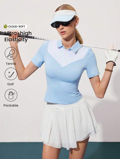 CourtClass Women's Color Block Half Zip Fitted Short Sleeve Golf Polo Shirt