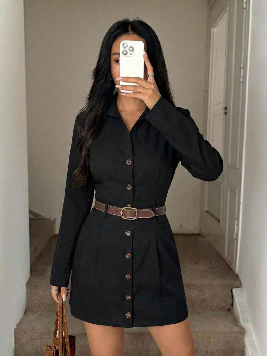 SHEIN PETITE 纽扣前开襟长袖休闲宽松通勤复古风女式短款连衣裙，纽扣连衣裙，长袖连衣裙，商务休闲连衣裙，翻领连衣裙，配腰带连衣裙，女士秋季连衣裙，女士优雅连衣裙 - 黑色 - 查看 1
