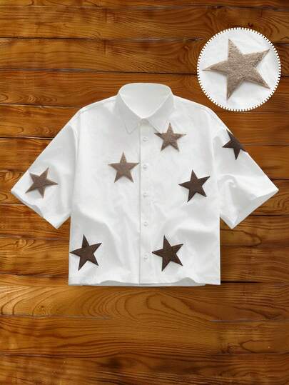 HIMLAND Men's Pentagram Embroidery Design Short Sleeve Single-Breasted Casual Shirt Short Sleeve Star Shirt White Shirt With Stars Star Pattern Shirt Star Shirt Star Button-Up Shirt