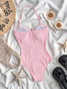 SHEIN 少女连体泳衣，带金属海星装饰挂脖 - 粉色 - 查看 2