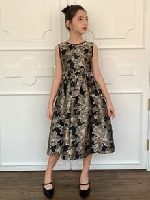 Dazy Kids Tween Girl Round Neck Jacquard Pleated Party Dress - Black - View 2