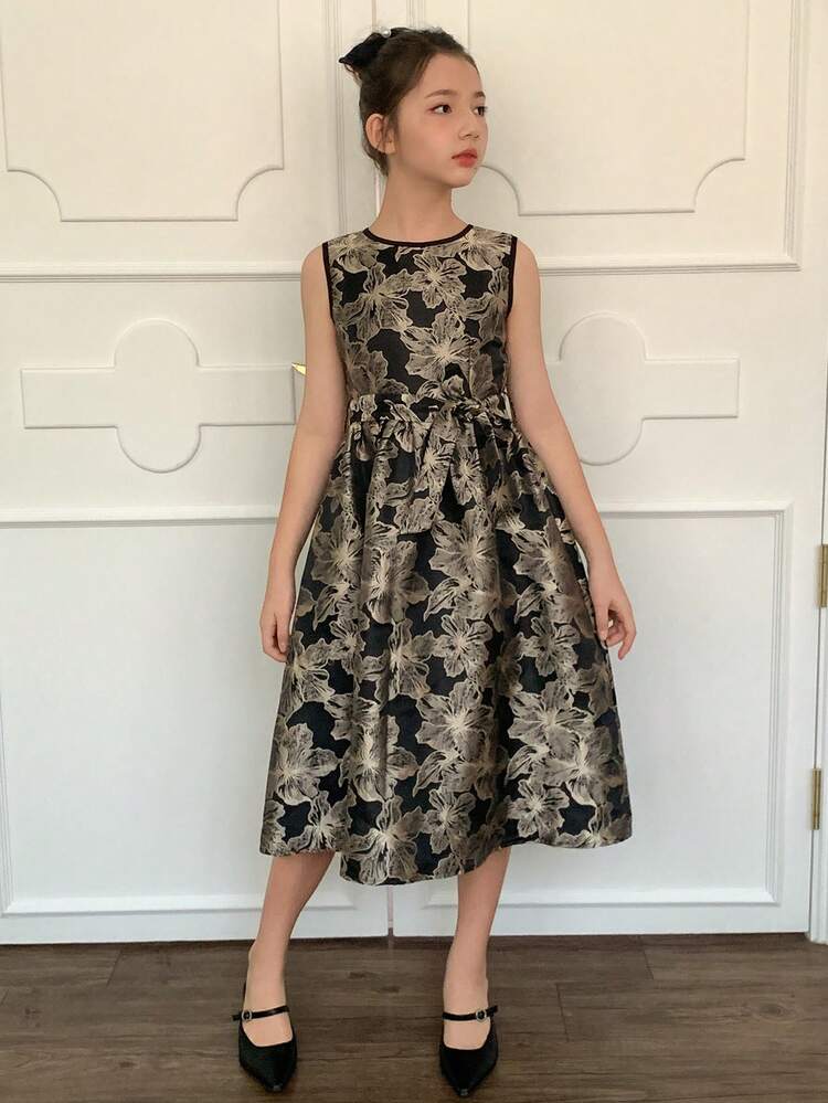 Tween Girl Round Neck Jacquard Pleated Party Dress