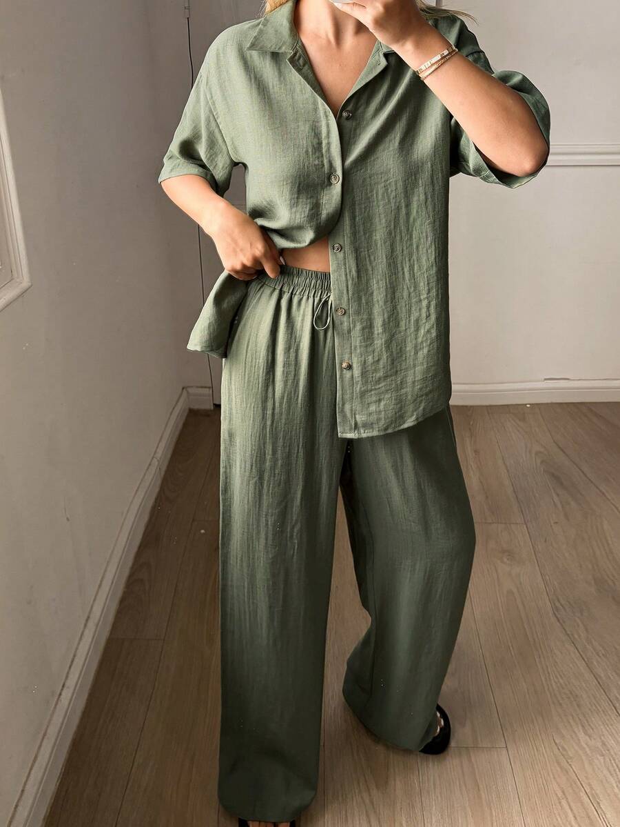 DAZY 女士简约绿色睡衣套装，夏季 - 綠色 - 查看 1