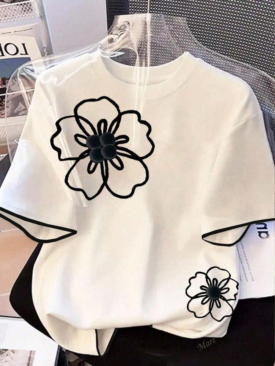 SHEIN Teen Girls T-Shirts Floral Print Crew Neck Short Sleeve Casual Versatile,Kids - Black and White - View 1