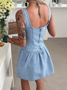 DAZY Đầm ngắn mùa hè cho nữ, cổ tròn, hở lưng, không tay, dây đeo, kiểu dáng thường ngày, thắt eo, chất liệu denim. - Rửa nhẹ - Xem 6
