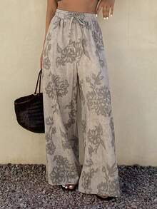 DAZY 女士休闲碎花阔腿裤，春季 - 灰色 - 查看 4