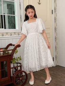 DAZY Tween Girl Square Neck Collar Faux Pearl Decor Ruffle Sleeve Embroidered Mesh Party Dress - White - View 4