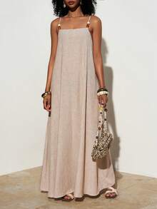 Zivah Women Light Beige Summer Tropical Vacation Holiday Boho Linen Beaded Camisole Loose Long Dress,Casual Western Vibe Beach Party Festival Maxi Dress - Khaki - View 9