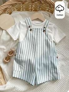 SHEIN Newborn Baby Boy/Girl Blue White Stripe Overall Set,Summer Casual Cute Family Matching Green Striped Romper,Gender Neutral Toddler Outfit For Party - Multicolor - View 8