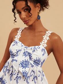 Travachic Women's Hollow Out Embroidery Tie Front Camisole Top For Vacation - Blue and White - View 8