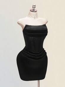 SHEIN ICON 加大码女士黑色性感抹胸紧身连衣裙 - 黑色 - 查看 7